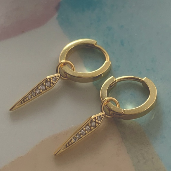 NWT 18K Gold Plated, 925 Sterling Silver Huggie Hoop Dangling Sword Earrings - Picture 9 of 12